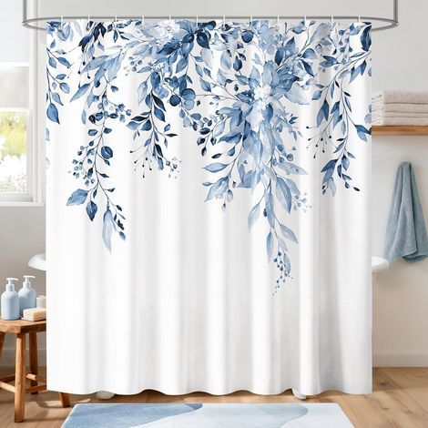 Rideau de douche de style nordique, 180 x 180 cm, avec impression florale bleue, imperméable, en tissu polyester épais, ensemble de rideaux de douche pour salle de bain (1/5)