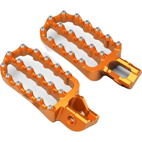 Reposapiés para motocicleta, aluminio mecanizado CNC, diseño duradero, color naranja.