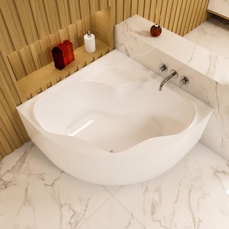 ECOLAM Baignoire d'angle SELMA 140x140cm + tablier en acrylique  pieds siphon et silicone  Belle forme  Baignoire acrylique blanc (1/5)