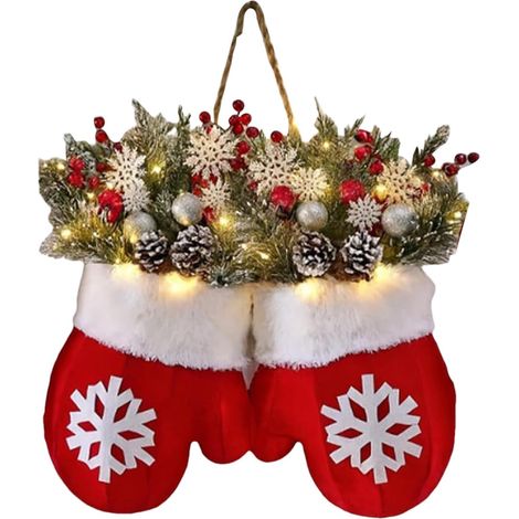 Weihnachtshandschuh-Kranz, Weihnachtskranz für die Haustür mit künstlichen Kiefernzweigen, Preiselbeeren und Tannenzapfen, geeignet für die Dekoration im Innen- und Außenbereich.