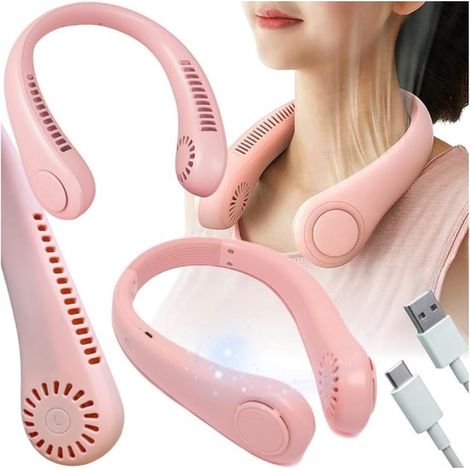 Ventilador de cuello portátil con 3 velocidades，mini ventilador de cuello USB-C，silencioso y flexible，4 W，actividades al aire libre，rosa