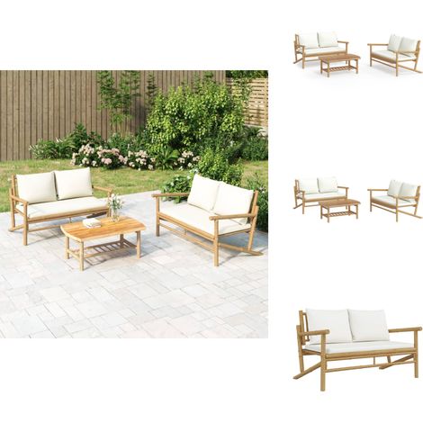 3-tlg. Garten-Lounge-Set mit Kissen Creme Bambus - Gartenloungeset - Loungemöbel - Bambus Möbel - Gartenmöbel - Esszimmergarnituren (1/5)