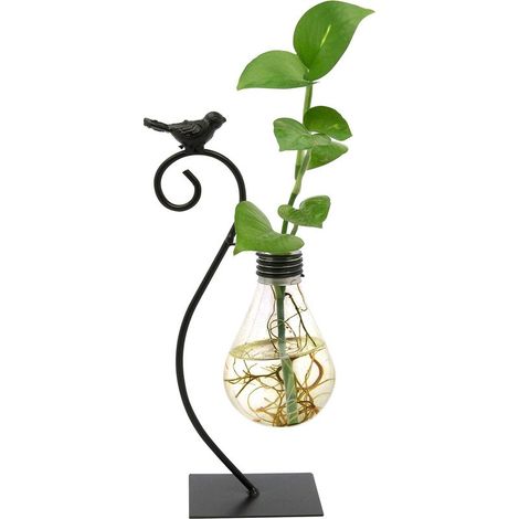 Ampoule Vase - Vase à Fleurs Ampoule en Verre avec Support en Métal et Motif Oiseau - Pot de Fleur Hydroponique Vase Décoratif pour Maison, Bureau, Café et Restaurant - Vase Verre Décoration Intérieur (1/4)
