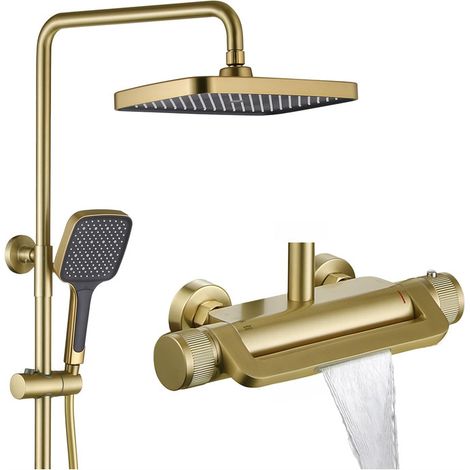 Esip – Colonne de douche thermostatique dorée – Système mural 3 fonctions – Pomme de douche effet pluie 33x22cm – 3 modes de jet – Robinet en laiton (1/5)