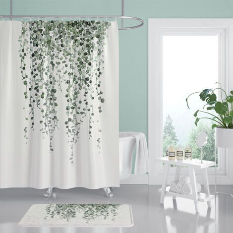 Rideau de douche feuilles d'eucalyptus 180x180 cm – Tissu 100 % polyester imperméable – Ourlet supérieur renforcé – Lavable en machine