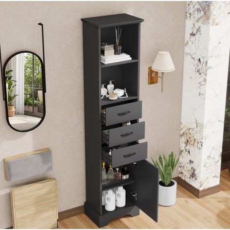 Mueble alto de baño 38 x 26 x 172,5 cm con 3 cajones, estantes abiertos y puerta negro DESVIAE (1/5)