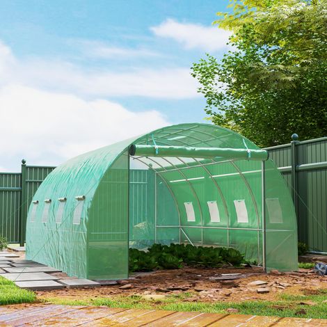 Serre tunnel de jardin 3 x 4 x 2 m avec porte enroulable et grandes fenêtres. en acier galvanisé et PE. vert