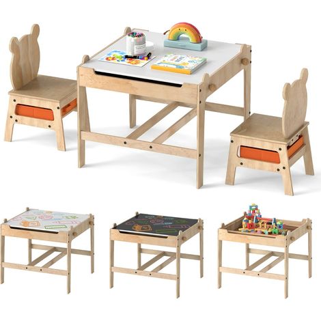 Tavolo e sedie per bambini 60 x 60 x 52 cm con pratico vano contenitore e spazio creativo in MDF naturale 200017612