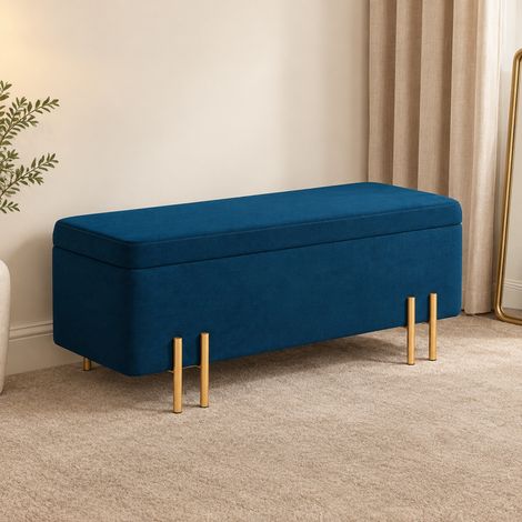 Banco baúl acolchado con almacenamiento, tejido azul oscuro 100 x 40 x 42 cm OKMYHOME (1/5)