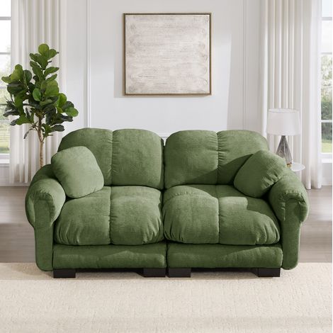 Canapé modulaire 2 places vert en chenille avec coussins épais capitonnés (1/5)