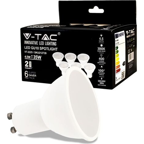 V-TAC VT-2225 Lampadina led faretto 4.5W SMD GU10 bianco caldo 3000K copertura satinata box 6 pezzi - SKU 212739
