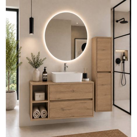 Meuble de salle de bain avec plan bois et vasque à poser ORIGENBATH ZEUS sans miroir 80x45 cm À gauche Estepa avec colonne (1/5)