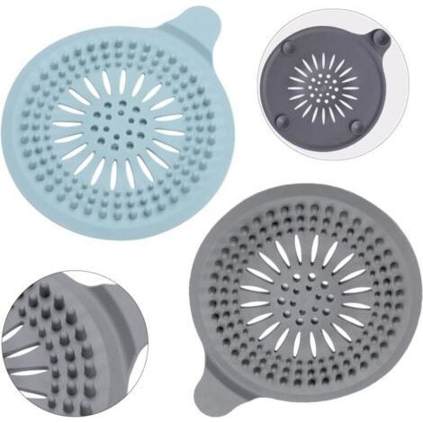 Atrapador de pelo de silicona de 2 piezas con ventosa, protector de desagüe, filtro de lavabo, filtro de pelo universal para baño, bañera y cocina (azul + gris) (1/4)