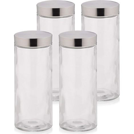 Lot de 4 Bocaux, Verre, Couvercle Acier Inoxydable, Contenance 2,1 L, Rond, Stockage Alimentaire