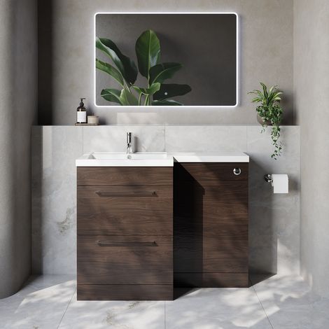 Napoli 460 Brown Oak 1100mm 2 Drawer Vanity Unit Toilet Suite with Left Hand Square Lucia Basin - 1100mm - Chrome 320mm HandleWithout Kingston Toilet Pan
