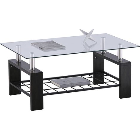 Coffee Table, 100x45x60cm Rectangle Glass Coffee Table, Modern Side Table with Lower Shelf,Black (1/5)