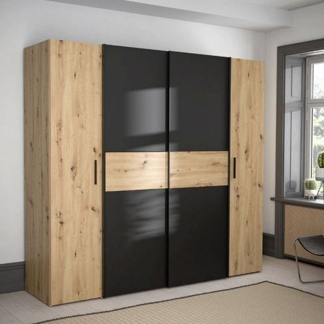 Armadio 4 ante rovere e nero con ante scorrevoli e battenti 200x61x190H Teodoro