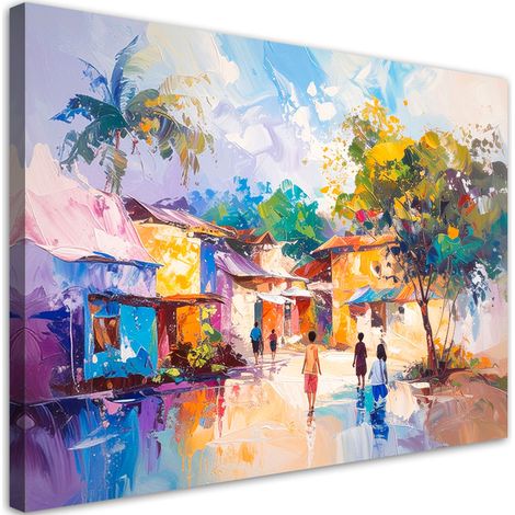 Toile Imprimée, Village coloré abstrait maisons personnes,45x30 (1/4)