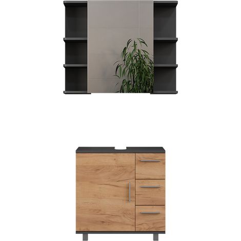 Set di mobili da bagno Ilias, Antracite/Rovere dorato, 2 parti, Vicco