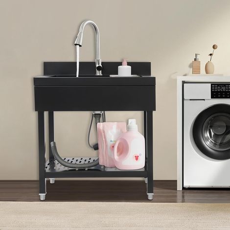 Évier de cuisine sur pied avec robinet extensible, évier en acier inoxydable, évier extérieur, lavabo de jardin, pieds réglables, jusqu'à 150 kg, 70 x 50 x 90 cm, noir (1/5)