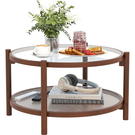 COSTWAY 78cm Round Coffee Table Solid Wood Circle Table w/Tempered Glass Top (1/5)