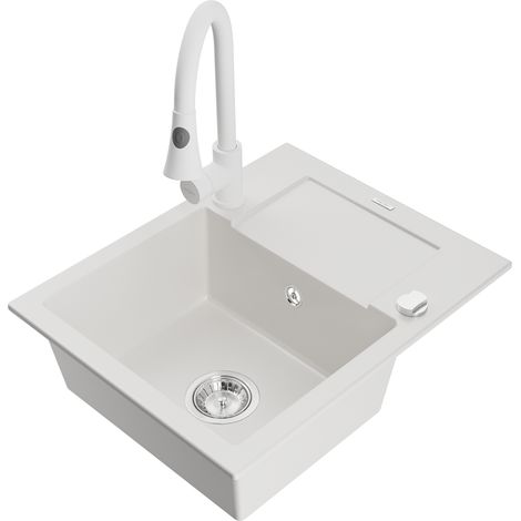 Mexen Enzo lavello in granito 1-vasca con scolapiatti e rubinetto da cucina Elia, bianco - 6506-20-670101-20 (1/5)