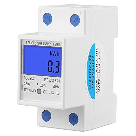 5-32A DIN Rail Energy Meter, Single Phase Wattmeter with LCD Backlight, Electronic KWh Meter (230V, 50Hz), 1pc