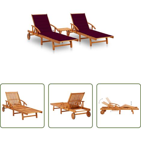 Chaise longue bois - Chaises longues lot de 2 avec table et coussins Acacia solide (1/5)