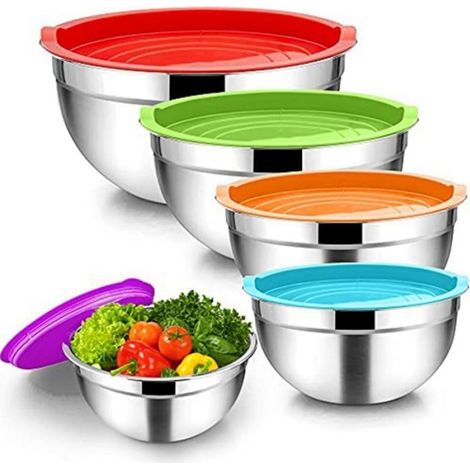 Bol à MéLanger 5PièCes, Saladier en Acier Inoxydable Bol de Service Empilable avec Couvercles HerméTiques pour la Cuisine, la (1/4)