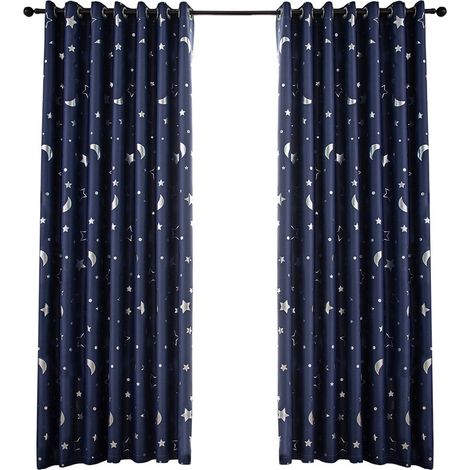 Rideau Occultant - Étoiles Et Lune Argentées - Isolation Thermique - Pour Fenêtre - 100 x 130 cm - Bleu Marine (1/5)