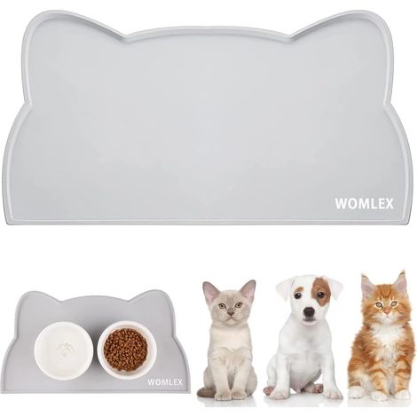 Tapis Gamelle Chien et Chat - Tapis Alimentation Silicone Imperméable - Antidérapant avec Bords Relevés - 44 x 25 cm - Gris - 1 Pièce