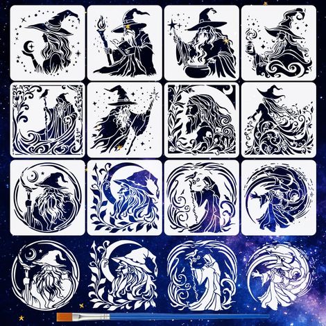 12 Pièces Pochoirs Sorcière Halloween pour Peinture Avec Un Pinceau 15x15cm Modèles Dessin Silhouette Sorcière Réutilisables Pochoirs Thème Mystique Fantastique pour Mur Bois Toile DIY (1/5)