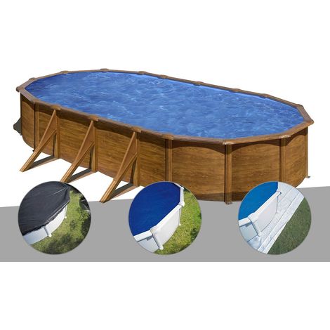 Kit piscine acier aspect bois Gré Pacific ovale 7,44 x 3,99 x 1,22 m + Bâche d'hivernage + Bâche à bulles + Tapis de sol