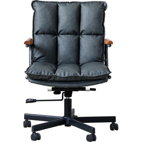 Silla de oficina de piel sintética negra con reposabrazos de madera, altura regulable y ruedas (1/5)