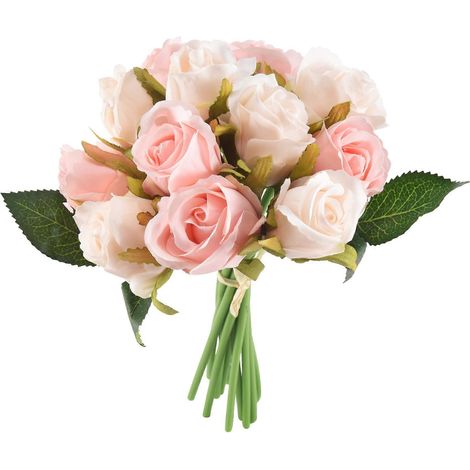 Lot de 12 roses artificielles, bouquet de mariée, roses royales thaïlandaises en soie, décoration intérieure, décoration de fête de mariage (Champagne) (1/5)