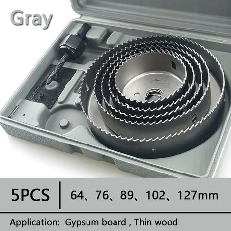 5PCS 64-127mm ensemble de scie cloche scie tasse bois couronne foret pour panneau de gypse bois PVC plastique densité panneau métal outils de travail du bois - Gris (1/5)