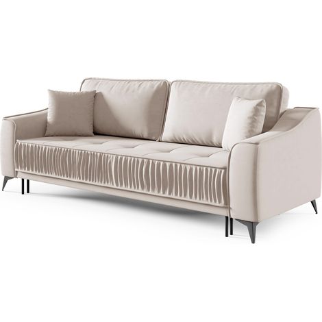 Selsey Louisos – 3-Sitzer Schlafsofa in Samt wasserabweisend mit schwarzen Beinen, Hellbeige