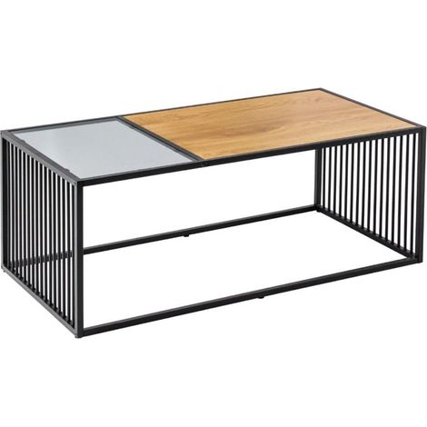 Beistelltisch ABITTA rechteckig 100 cm in hellem Eichenholz und Rauchglas – Modern mit gemischter Holz- und Glasplatte