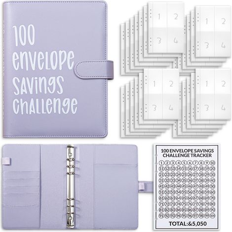 Défi des 100 enveloppes : Défi de 100 jours avec des pochettes à feuilles mobiles, carnet d’épargne budgétaire avec enveloppes (violet) (1/2)