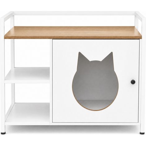 CHICFURN Mueble arenero para gatos con hueco de cabeza de gato, mesa auxiliar con 2 estantes y espacio de almacenaje, ideal para salón y dormitorio, blanco y madera clara (1/5)