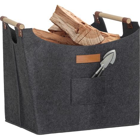Porte-bûches en feutre pour usage intérieur avec poignées en bois, capacité de 15 kg, 45 x 32 x 40 cm, gris (1/5)
