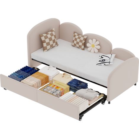Lit enfant 90x200 en velours rose avec tiroir de rangement, forme fleur, barrière de sécurité, cadre métal et bois, chambre enfant moderne  CHICFURN (1/5)