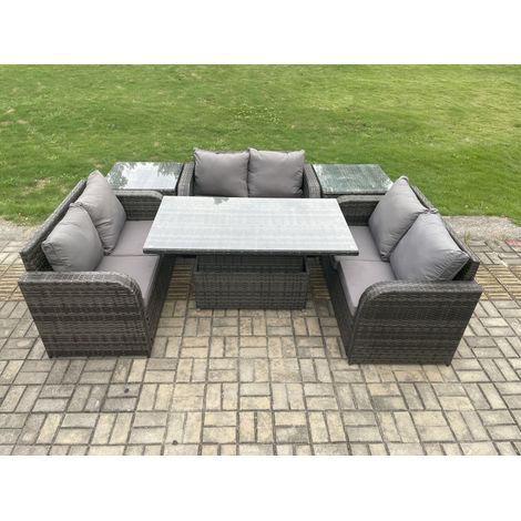 Fimous Rattan Garden Outdoor Furniture 3 PC Love Sofa Set Patio Adjustable Rising lifting Dining Table With 2 Side Tables (1/5)