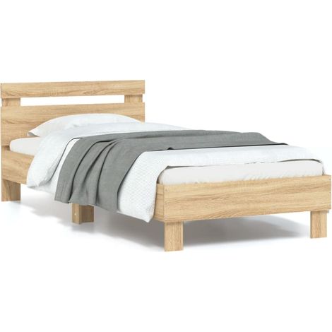 Estructura de cama cabecero luces LED roble  90x190 cm