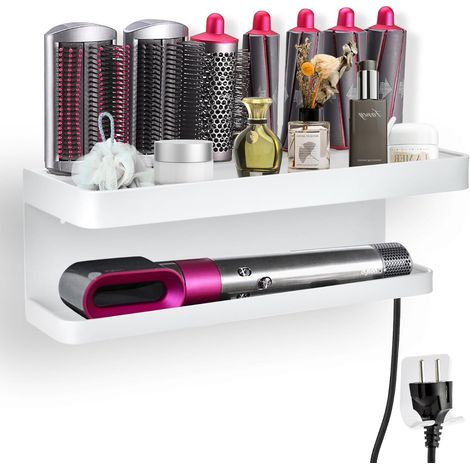 Support Mural 2-en-1 Blanc Sans Perçage - Pour Accessoires Sèche-Cheveux Et Styler - Aluminium - 38 x 9,5 x 15,4 cm - 1 Pièce (1/5)