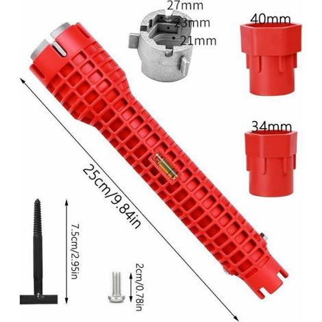 Clé robinetterie 8-en-1 – Longue poignée aluminium – Pour évier, WC et espaces étroits – Rouge (1/4)
