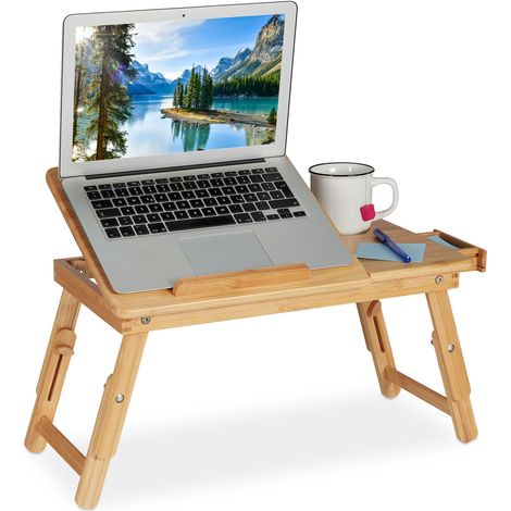 Relaxdays Laptop Stand, Foldable Bamboo Laptop Holder, Adjustable & Tiltable, Ventilation Slots & Drawer, Natural