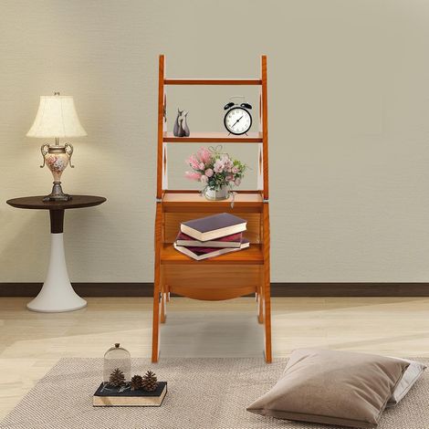Marchepied pliant à 4 niveaux, en bois, transformable, échelle et chaise pour escalier, multifonction, capacité de 100 kg, utilisé pour l'intérieur et l'extérieur (caramel) (1/5)
