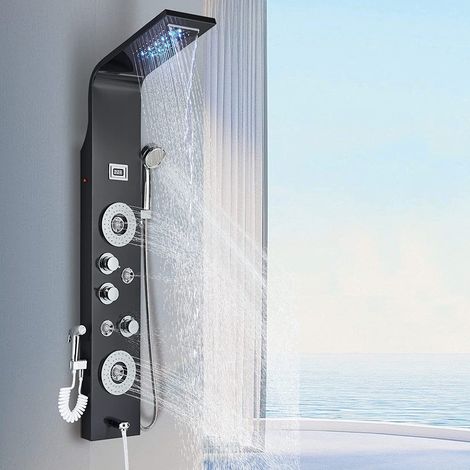 Zamery – Colonne de douche hydromassante noire en acier inoxydable – 6 modes de douche – Écran LED affichage température – Installation facile (1/5)