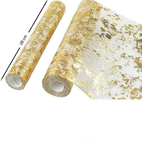 4 rouleaux de chemin de table en tulle polyester scintillant avec feuille d'or, pour décoration de fête d'anniversaire, mariage ou Noël, 28 cm x 10 m (1/5)